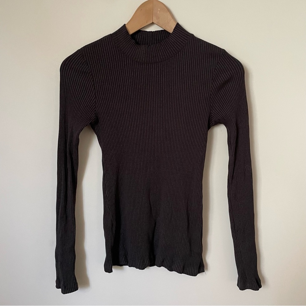 Monrow Ribbed Mock Neck Long Sleeve Top Charcoal Grey Size Extra Small
